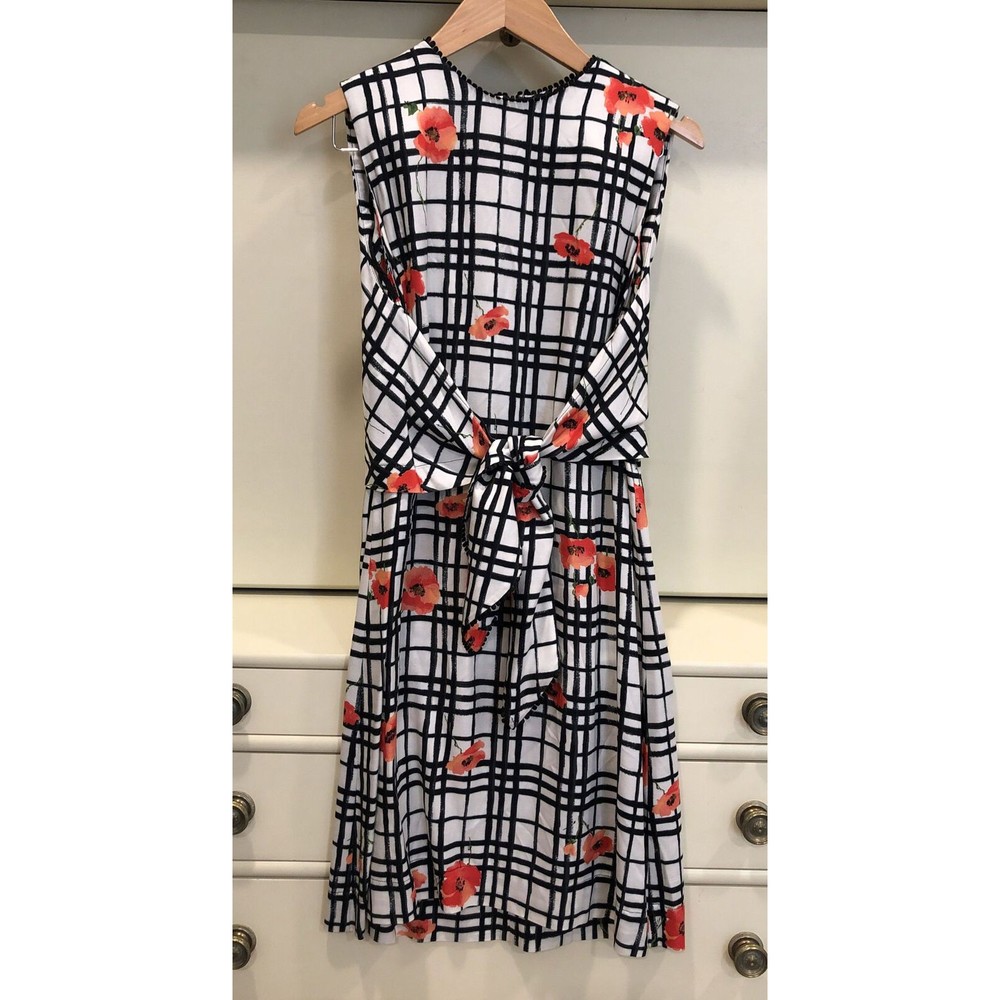 Lela Rose Sleeveless Windowpane Poppy Dress With Tie Waist Black White $1295 sz8